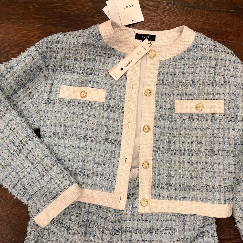 Aqua Light Blue Tweed Cropped Jacket with Cream Trim - Picture 2 of 4